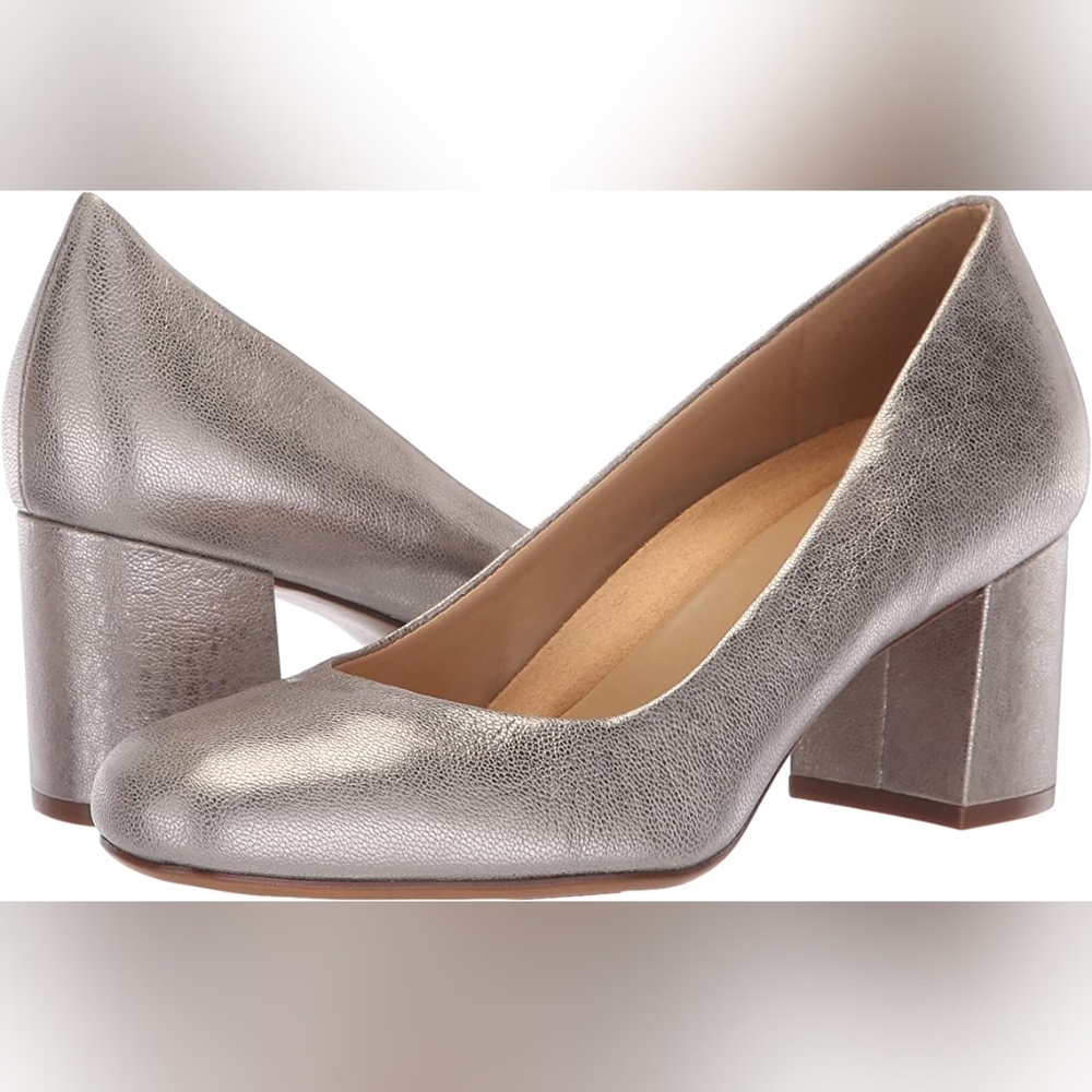 EUC Sz 8 Naturalizer Whitney Block Heel Pump Silver Leather Chunky Metallic